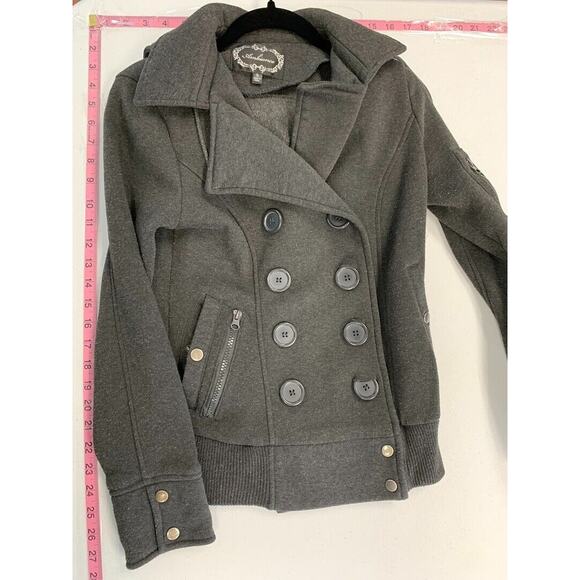 Womens Double-Breasted Gray Hooded Jacket Coat With Button Details Size S - Picture 5 of 5